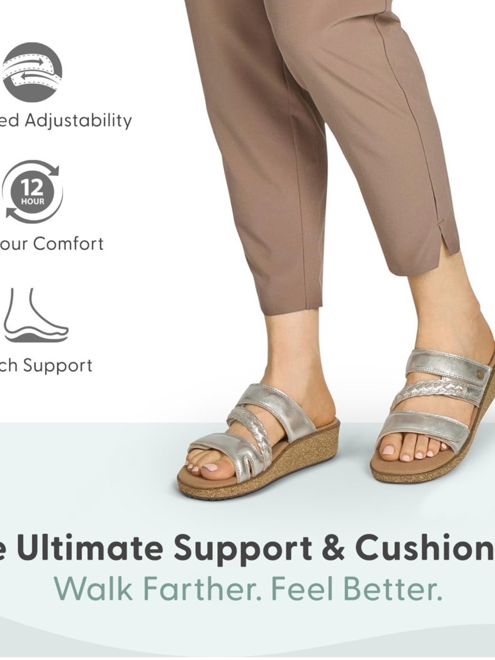 Ortho Feet Metallic Silver Slide Sandals 1.5” Heel Leather Braided Strap 7 Wide - Picture 4 of 15